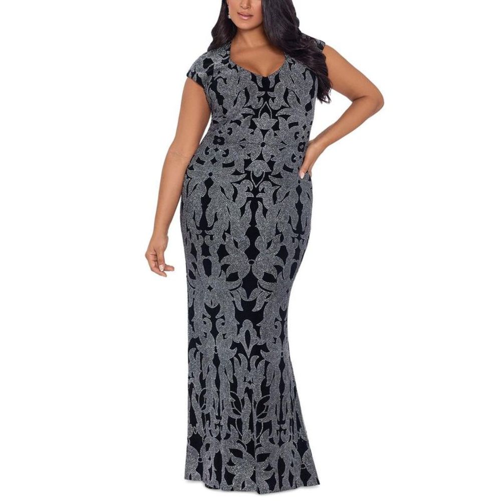 Betsy & Adam Womens Black Glitter Cap Sleeve Evening Dress Gown Plus NWT